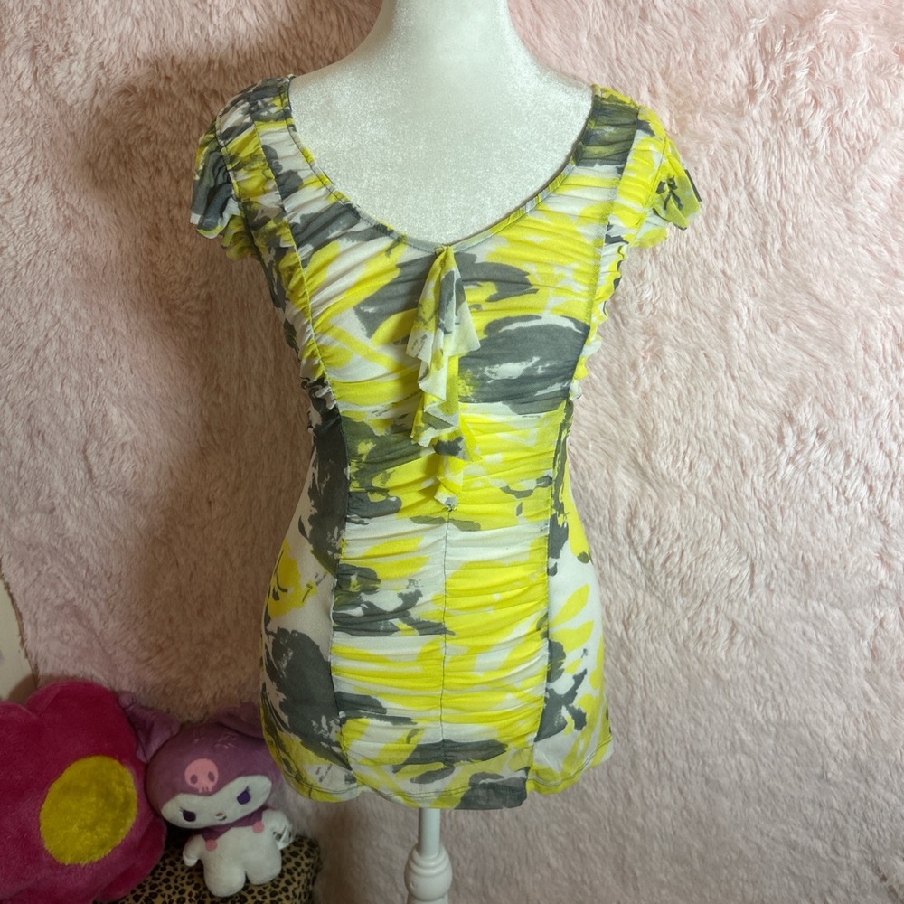 Y2K Yellow and Gray mesh blouse
